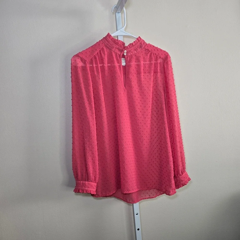 J. Crew Pink Swiss Dot Mock Neck Blouse Long Sleeve Button Top Women's Size 6